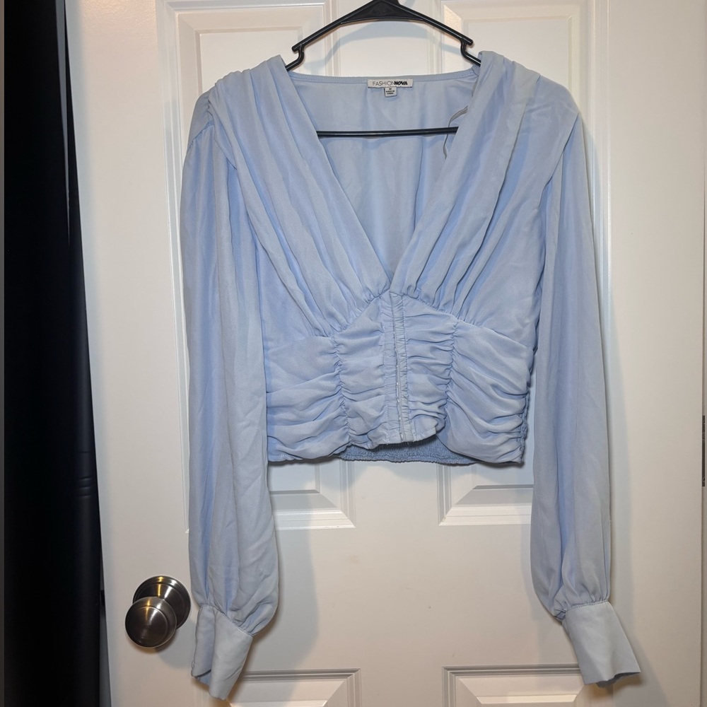 Fashion Nova Light Blue Ruched Corset Blouse